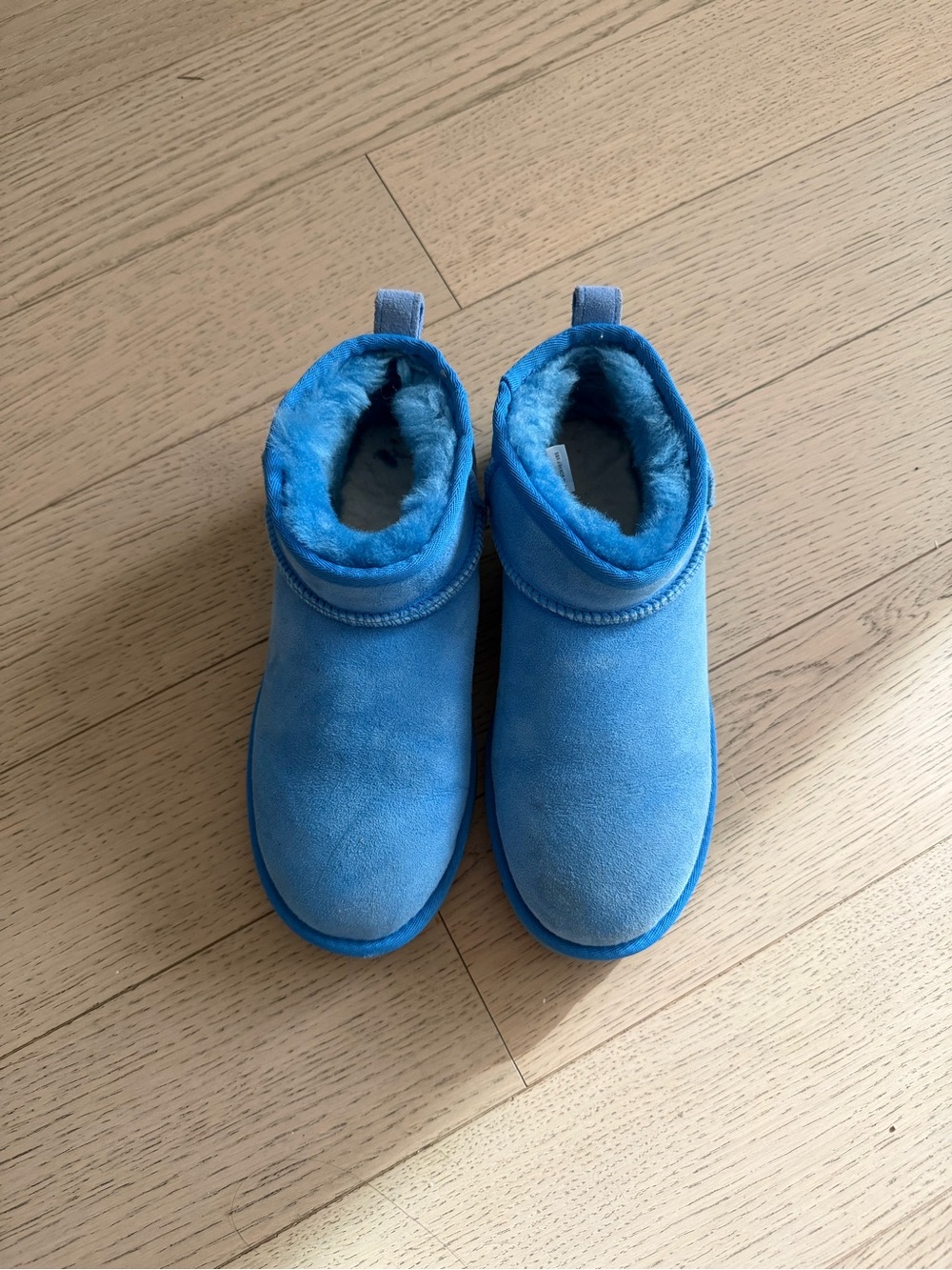 UGG Light Blue Suede Ankle Boots with Tan Logo Patch